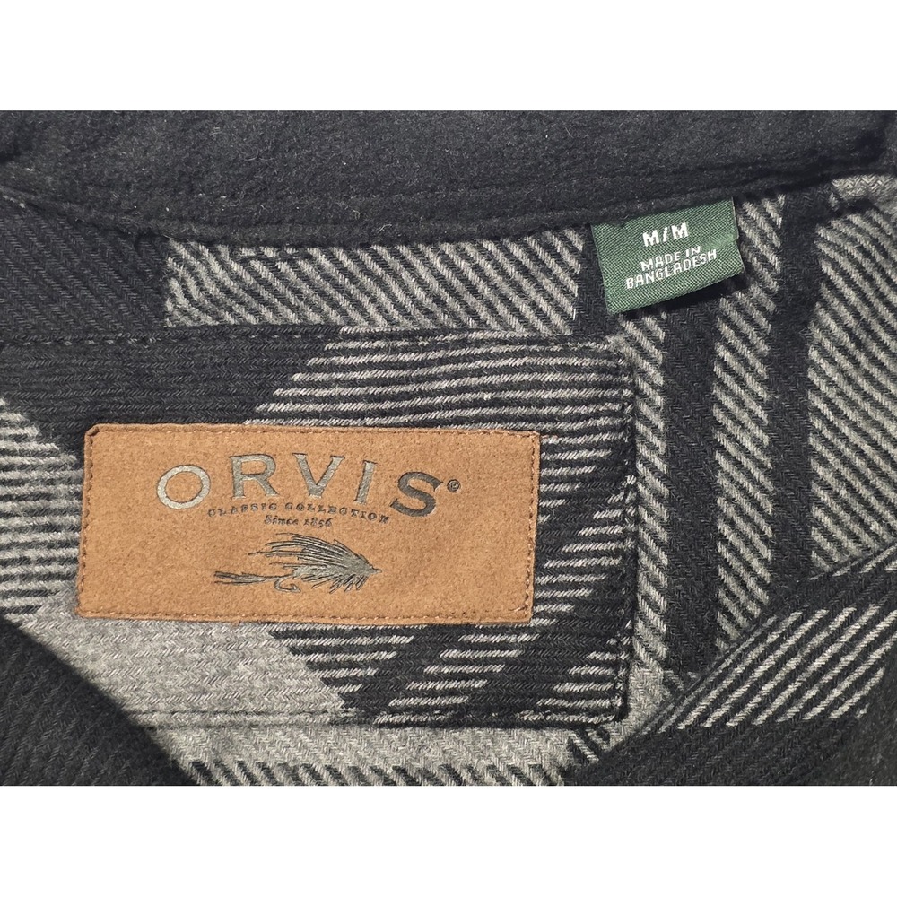 Orvis Shacket Men Medium Black Gray Plaid Heavy Flannel Shirt Jacket Button Up - Picture 4 of 13